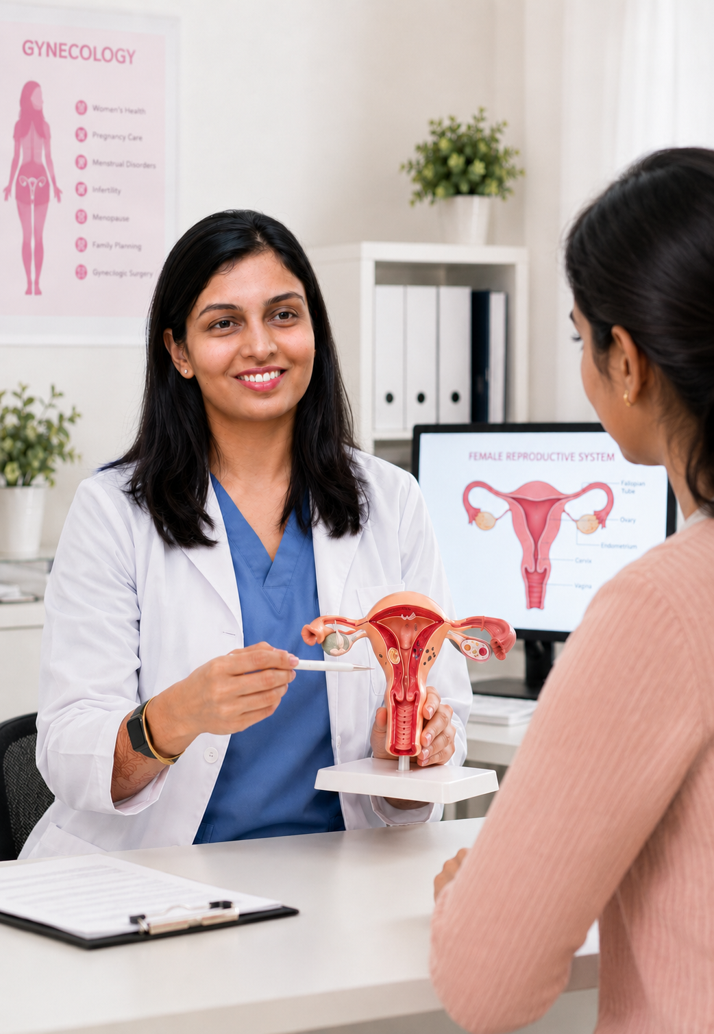 Indian gynecologist discussing women’s reproductive health with a patient in a clinic.