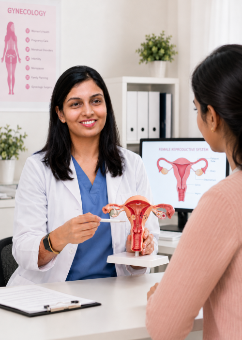 Indian gynecologist discussing women’s reproductive health with a patient in a clinic.